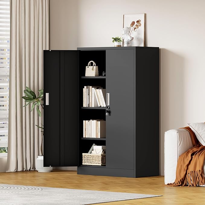 Metal Storage Cabinet with Locking Doors and 3 Adjustable Shelves, Lockable Storage Cabinets for Home Office Garage Kitchen Pantry (Black)