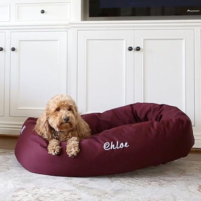 Majestic Pet Personalized 32 Inch Bagel Calming Dog Bed - Washable, Cozy Soft Round With Spine Support - Fluffy Donut 32x23x7 Inch Medium for Dogs to Rest Their Head - Burgundy