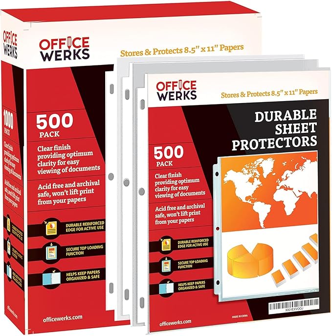 OfficeWerks Clear Sheet Protectors 8.5x11 for 3 Ring Binder, 35 Micron Plastic Sleeves, Top Loading, Reinforced Holes, Archival Safe, Durable Page Protectors for Documents and Binders (500)