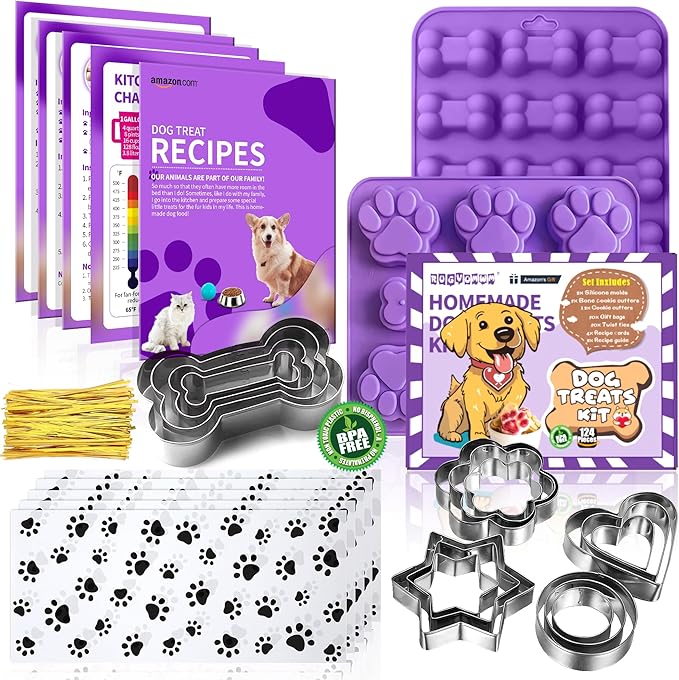 123 Pcs Homemade Dog Treat Molds & Cutters, Including 2 Silicone Dog Molds, 5+12 Cookie Cutters, 4 Recipe Cards, 50 Treat Bags & 50 Gold Twist Ties
