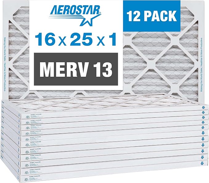 Aerostar 16x25x1 MERV 13 Pleated Air Filter, AC Furnace Air Filter, 12 Pack