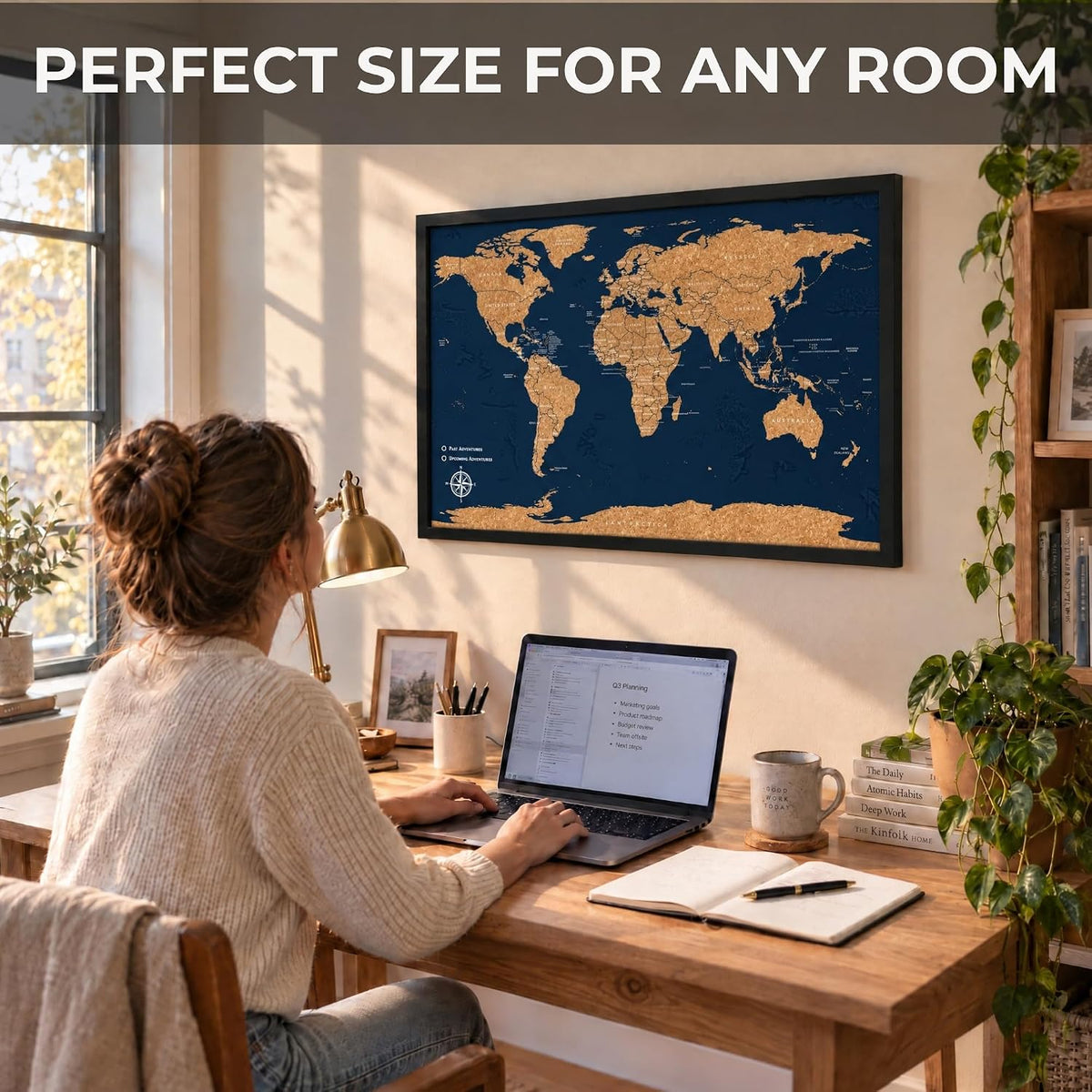 Large Push Pin World Travel Map – 30" x 20" Framed Cork Board Wall Art, Modern World Map with 200 Unique Pins for Tracking Adventures, A Premium Gift for Travelers, Couples and Families