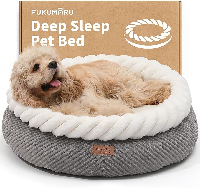 FUKUMARU Dog Bed, Calming Donut Dog Beds, Plush Faux Fur&Corduroy Cat Beds, Cute Round Washable Pet Bed for Large Cats and Small Dogs, Cat Cave with Anti-Slip Bottom, 25inch, Grey