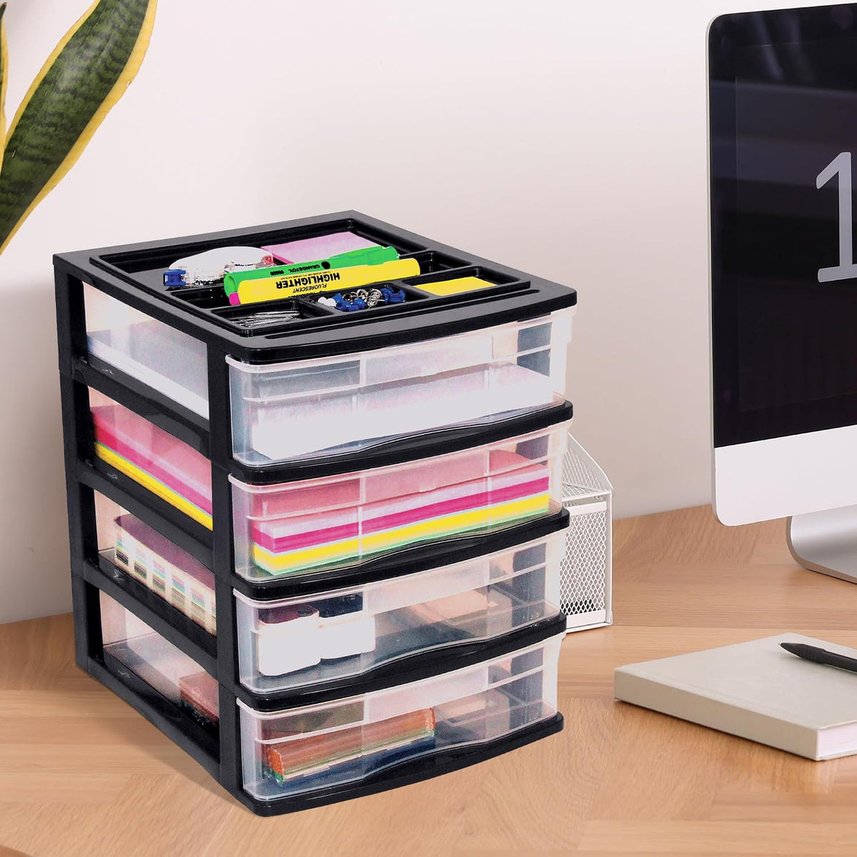Gracious Living 4-Drawer Desktop Organizer with Tray Top, Black, 3-Pack