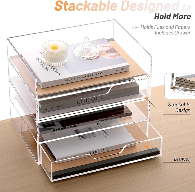 SANRUI 2-Tier Paper Letter Tray Organizer with Sliding Drawer,Stackable Desk Organizer,Acrylic Paper Tray for Office,Home or School,Clear