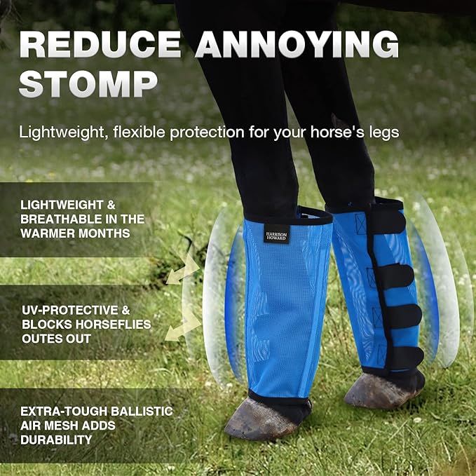 Harrison Howard Loose Fitting Fly Boots UV-Protective Extra Tough Mesh Ventilated Four Fasteners Stay-on Design Protect Horse Legs & Stomp-Reducing Set of 4 Sky Blue Pony