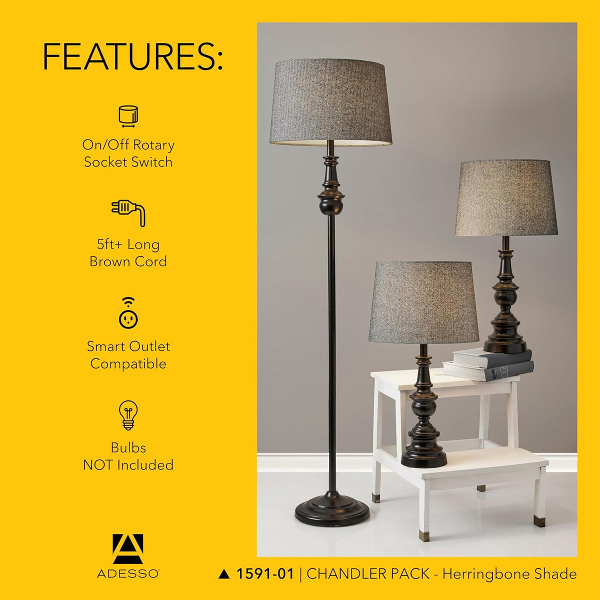 Adesso 3-Piece Lamp Set, Bronze & Dark Herringbone, Table and Floor
