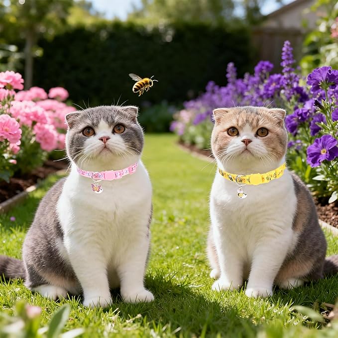 PUPTECK Breakaway Cute Cat Collar with Bell Charm, 2 Packs Adjustable Kitty Collars Animals Pattern, Pink&Yellow, 7.8-11.8 in