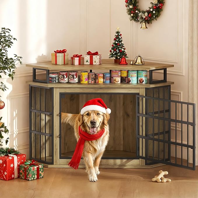 51" Corner Dog Crate Furniture, Wooden Dog Kennel Furniture with 2-Tier Shelves, Decorative Wood Dog House for Small/Medium/Large Dog, Space-Saving Dog Cage for TV Stand（Oak）