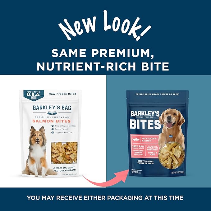 Barkley’s Bag Salmon Bites, Freeze Dried Dog Treats and Food Topper, Made with Wild-Caught Salmon, Bite-Sized Whole Pieces for Training Rewards, for All Dog Breeds, Ages & Sizes, 4 Oz Bag (3 Pack)