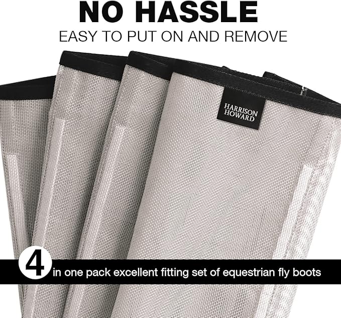 Harrison Howard Loose Fitting Fly Boots UV-Protective Extra Tough Mesh Ventilated Four Fasteners Stay-on Design Protect Horse Legs & Stomp-Reducing Set of 4 Silver Grey Yearling