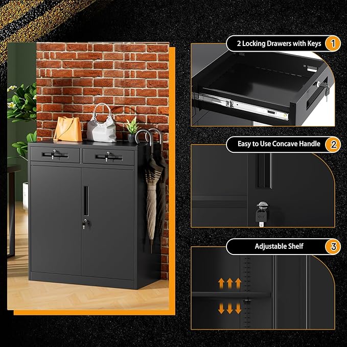 Greenvelly Metal Storage Cabinet with Drawers, 36' Black Steel Garage & Office Storage with Doors and Adjustable Shelves, Locking Metal Tool Cabinet