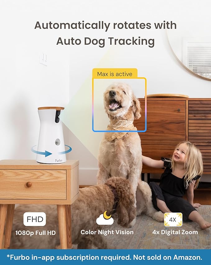 Furbo 360° Dog Camera [Subscription Required] Unlock w/Paid Plan: Home Security & Dog Safety Alerts, Rotating Pet Treat Toss, 2-Way Speaker (Low Risk, 3mo Min. Cancel Anytime)
