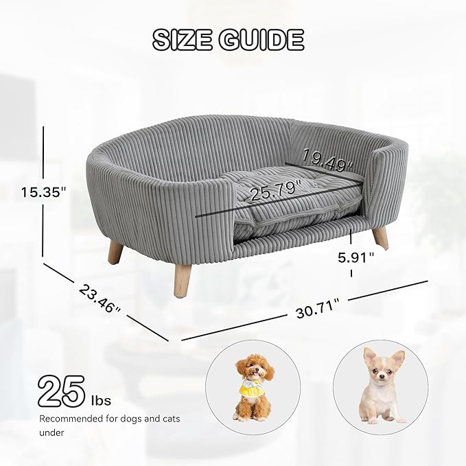 Dog Sofa Couch Bed for Small Dogs, Durable Corduroy Rectangle Pet Sofa with Soft Cushion, Modern Elegant Elevated Mini Dog Couch Bed with Backrest and Armrests, Gray