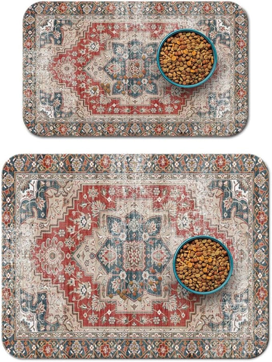 2 Pack Dog Food Mats for Floors, Absorbent and Quick-Drying Pet Cat Food Mat,Anti-Fouling and Easy-to-Clean Pet Feeding Mat,Dog Bowl Mat for Messy Drinking Water Bowls.12 x20+18"x24", Bohemia Style