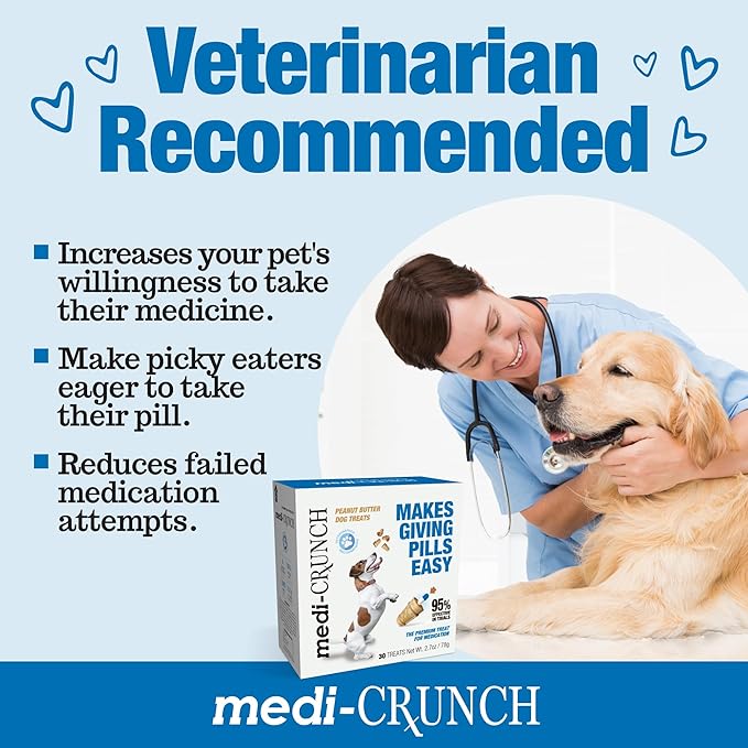Medi-Crunch Pill Pouches for Dogs, Peanut Butter Dog Pill Treats for Capsules & Tablets, Crunchy Pill Pocket Alternative for Picky Eaters, Hypoallergenic Low Sodium Vet Recommended, 30 Treats