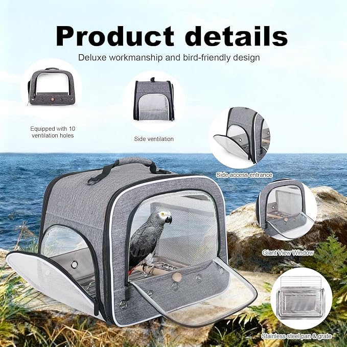 halinfer Bird Carry Carrier to Transport Large Size Parrot, Portable Bag with Metal Tray and Grid for Medium and Large Birds Like African Grey, Long Tail Cockatiel and Parrot
