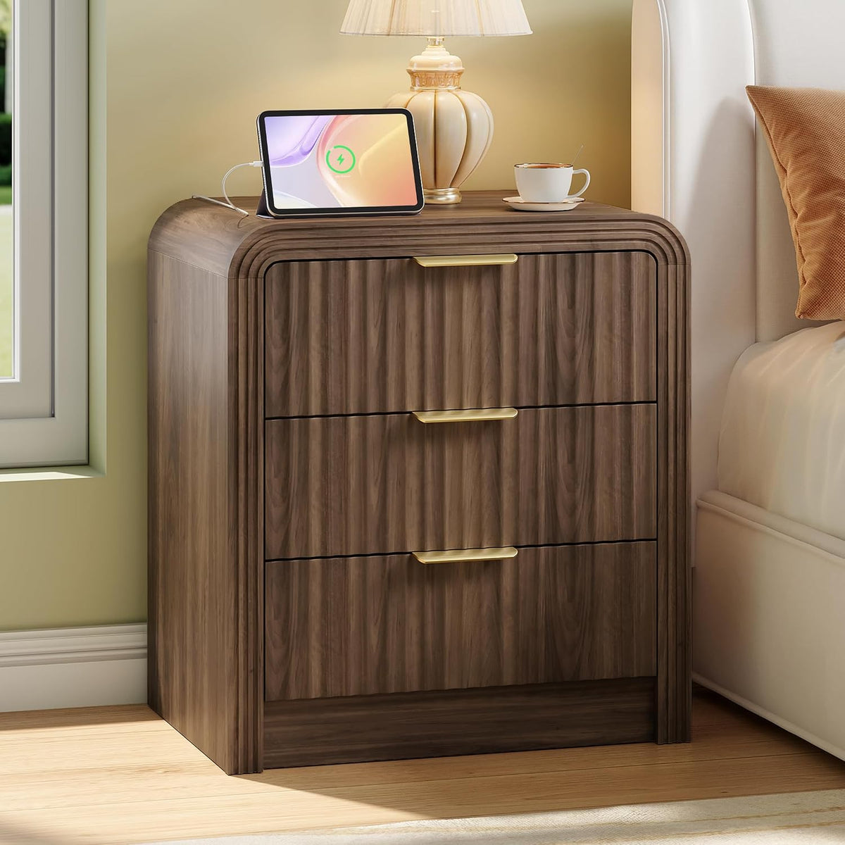 Decofy Fluted 3-Drawer Nightstand Set of 2 with Charging Station, Walnut