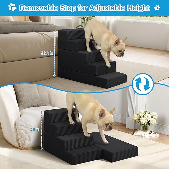 Dog Stairs for Small Dogs, 4 Step Pet Stairs for High Beds and Couch, Dog Steps for Bed Balanced 18" H, Foldable Pet Ramp for Large Cats Climb, Non-Slip Bottom Doggy Step, Black