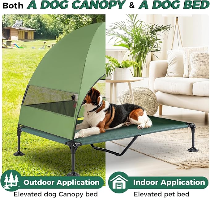 Windproof Elevated Dog Bed with Canopy & Stakes, 3-Sided 90% UV Block, Chew-Proof Teslin Mesh Mat for Large Dogs up to 150lbs(Green X-Large)