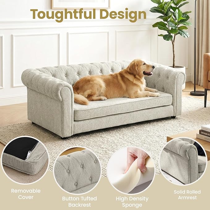 Elevated XL Large Dog Sofa with Backrest and Armrests, 55" Button Tufted Dog Couch Bed with Soft Cushion for Large Dogs, Stylish Lounging Bed Pet Couch Chair, 120Lbs Weight Capacity, Beige
