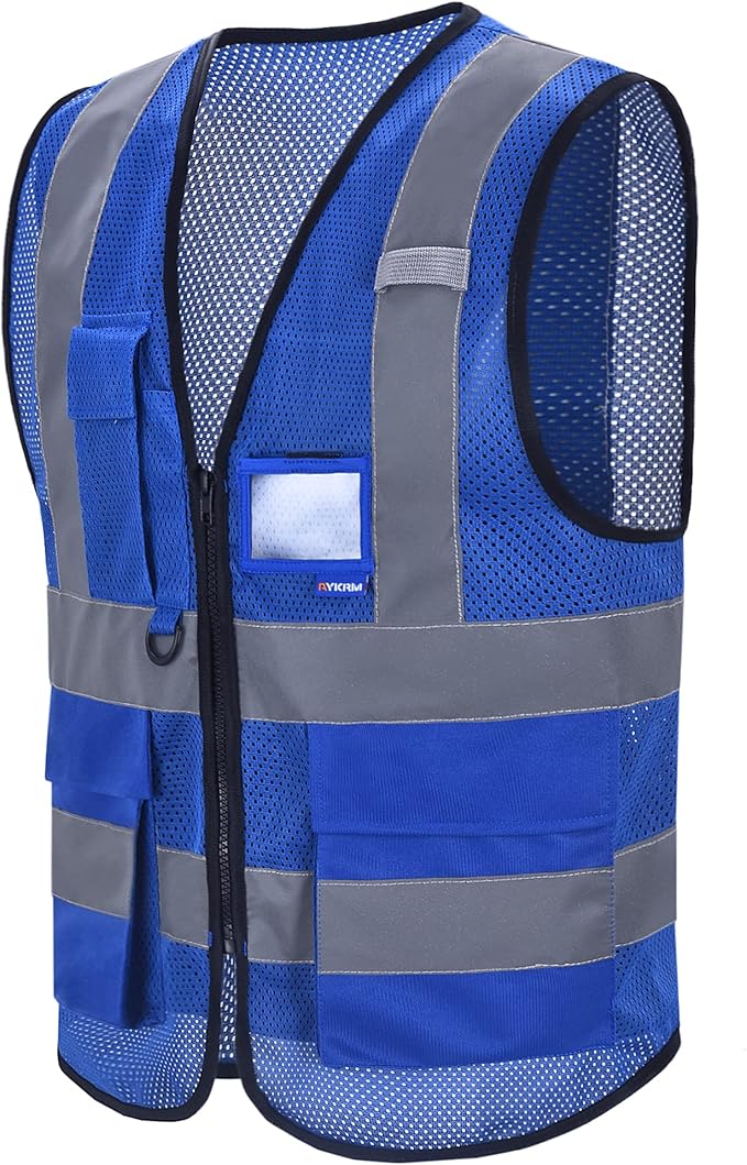 A-SAFETY High Visibility Mesh Safety Reflective Vest with Pockets and Zipper,Hi Viz Work Vest for Men Women (Blue Mesh S)