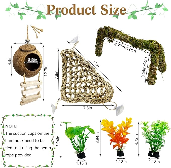 6 PCS Hermit Crab Accessories Set Small Bendable Moss Hermit Crab Climbing Toys Coconut Shell Hut with Ladder Climbing Hammock with Suction Cup Plants for Reptile Amphibian