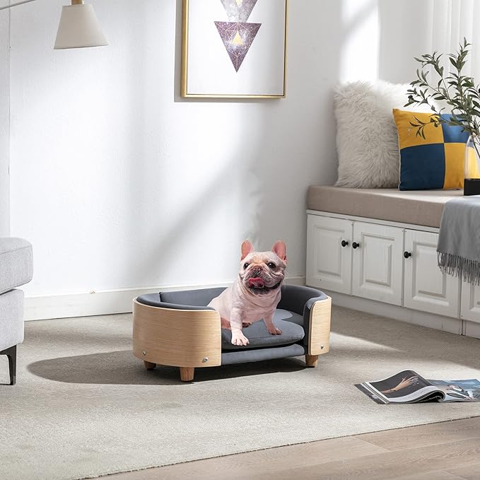 Scandinavian Style Elevated Dog Bed with Solid Wood Frame, Orthopedic Pet Sofa with Removable Washable Cover, Small Size Pet Furniture (Dark Gray)