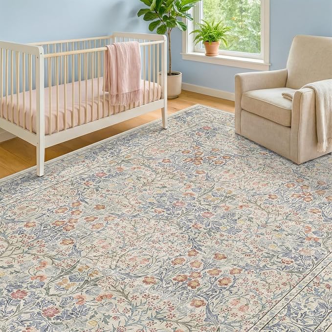 Washable Beige Blue 5x8 Area Rug