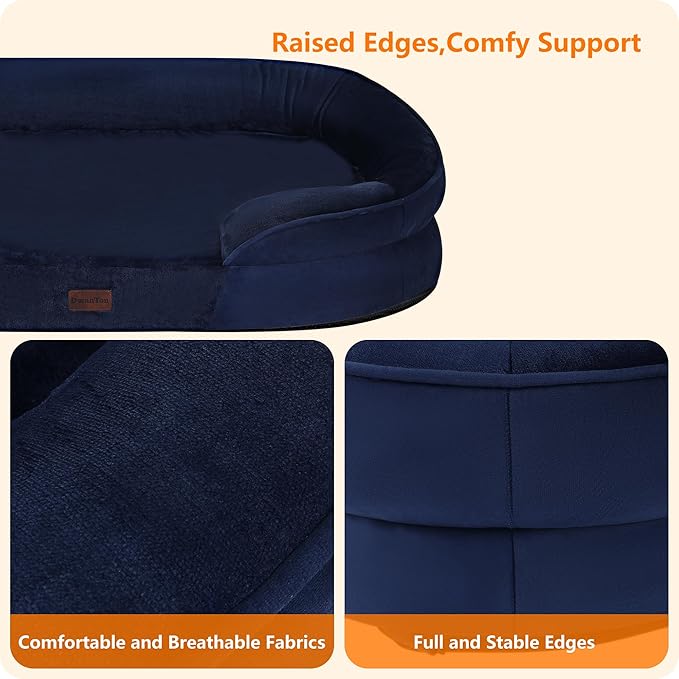 Dwanton Orthopedic Dog Bed for Medium Dogs with Gel Memory Foam, Waterproof Dog Sofa, Washable Pet Bed with Four Sided Bolster Cushion, Removable Cover & Non-Slip Bottom, 35", Navy Blue
