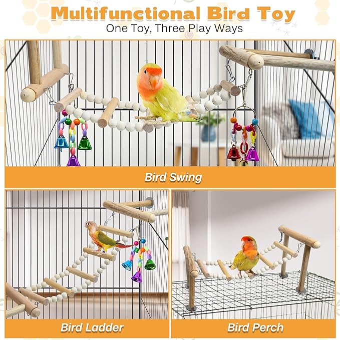 PINVNBY 3PCS Bird Ladder Bridge, Natural Wood Climbing Ladders Flexible Parrot Swing Toys for Parakeets, Cockatiels, Lovebirds, Amazon Parrots, Conures (11 x 6.3 x 6.7 inches)