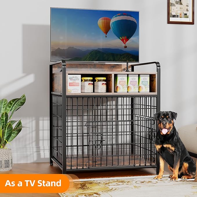 Small Dog Crate Furniture with Drawers Storage, Puppy Dog Kennel Indoor with Double Doors, Heavy Duty Wooden Dog Cage Table, Sturdy Metal, Rustic Brown