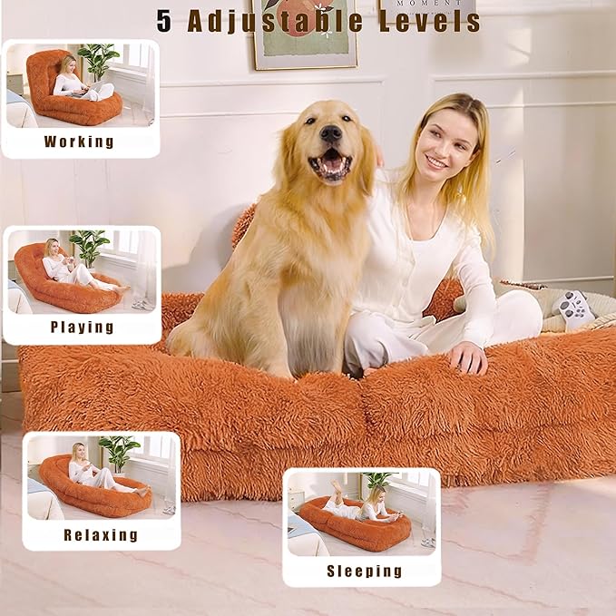 Adjustable 5-Position Human Dog Bed for People, Big Comfy Plush Floor Gaming Lazy Sofa Chair with Pillows & Back Support, Foldable Lounge Loveseat Couch for Living Room Bedroom (Orange)