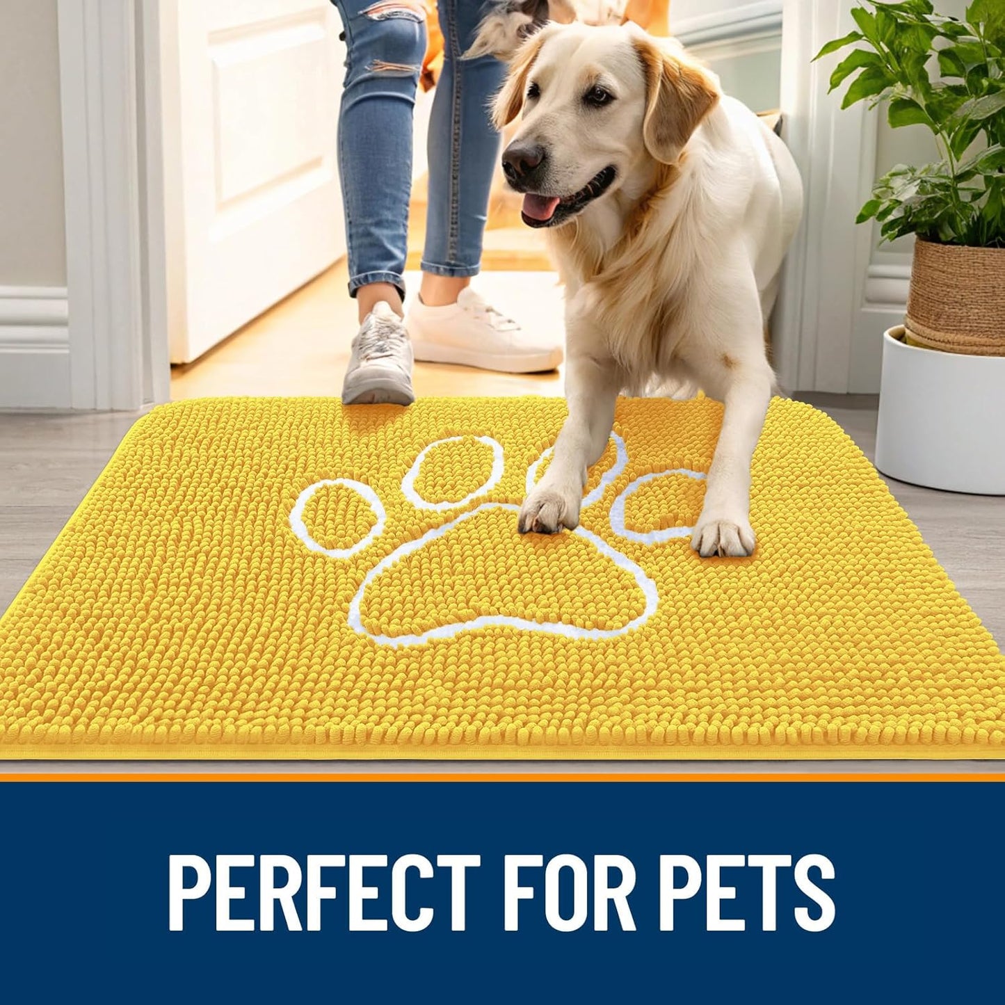 OLANLY Door Mat for Muddy Dog Paws 48x30, Ultra Absorbent Chenille Mud Doormat with Paw Print Design, Non-Slip Washable Doormat for Indoor Entryway, Quick-Dry Pet Bed Mats for Dirty Dogs, Yellow