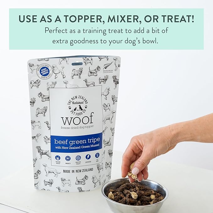 The New Zealand Natural Pet Food Co. WOOF Freeze Dried Dog Topper – Beef Green Tripe, High Protein, Digestive Support, Topper or Treat – 6.3 oz