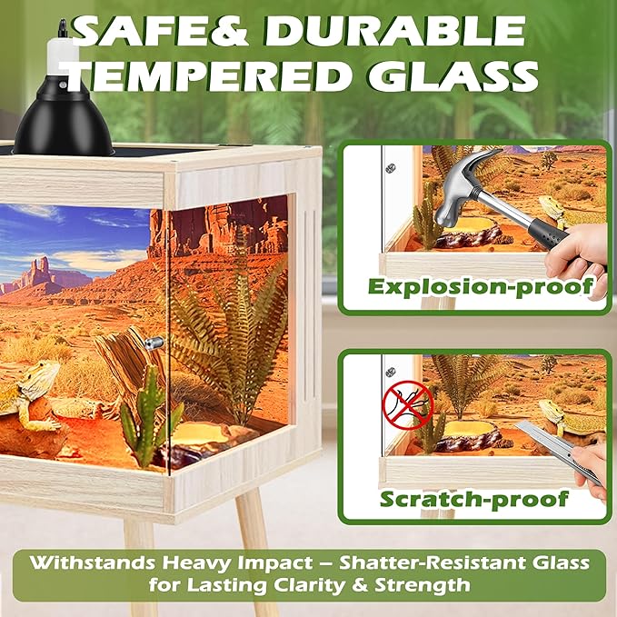 ROYXEN Bearded Dragon Tank with Leg Stand,Tempered Glass Reptile Tank with Metal Mesh Top, 3-Side Clear Anti-Scratch Glass Lizard Tank,Snake Tank for Reptile Habitat (Oak, 24Gallons,24" Length)