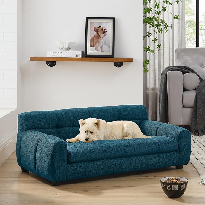 38" Pet Sofa Couch for Small and Medium Dogs, Soft Foam Cushion Dog Couch with Backrest & Armrests, Short Leg Stable Design, Durable Linen Fabric Pet Bed, Modern Style