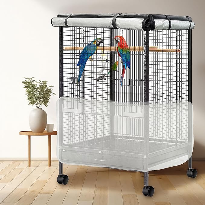Bird Cage Cover, 600D Universal Pet Cage Cover for Night,100% Shading Oxford Cloth with PU Coating Layer, Adjustable Soft Airy Nylon Mesh Net