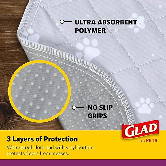 GLAD for Pets Washable Training Pads, Medium Size (24”x36”), 2 Pack Gray with Paw Prints| Re-usable Cloth Dog Training Pads with 3 Layers of Leak Protection and No Slip Grip Vinyl Bottom