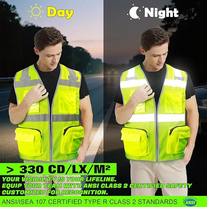 BeautyWill Custom Logo 10 Pack Safety Vest Mesh High Visibility Reflective Vest Customized Logo Utility Zipped Pockets Construction Workwear （Yellow,3XL）