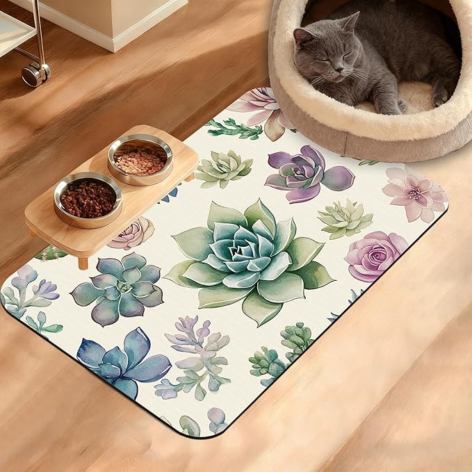 Dog Bowl Mat,Cactus Pet Feeding Mat for Floors Waterproof,Succulents Absorbent Dogs Placemat for Food and Water Quick Dry Pet Cat Feeding Mats with Non Slip Bottom 16" x 24"