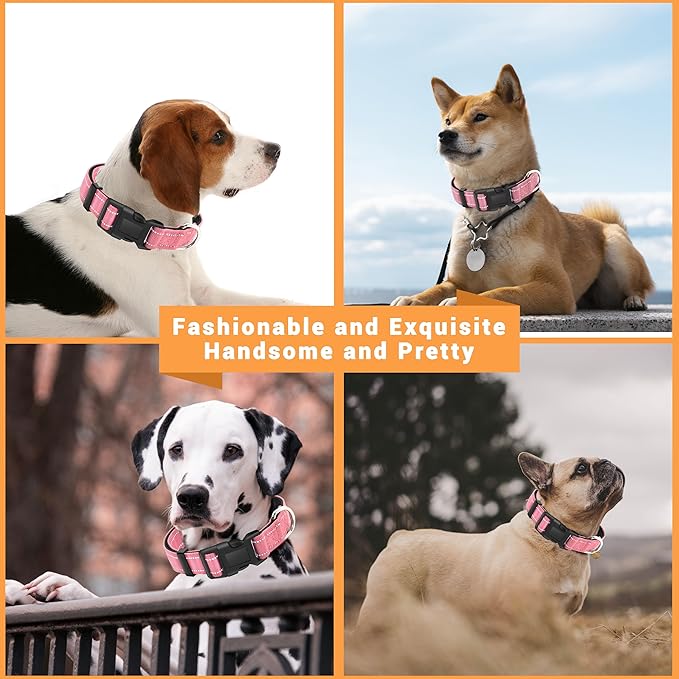 2 Pack Reflective Dog Collar with Safety Locking Buckle, Adjustable Soft Breathable Comfortable Nylon Pet Collar for Small, Medium and Large Dogs, Pink, XS