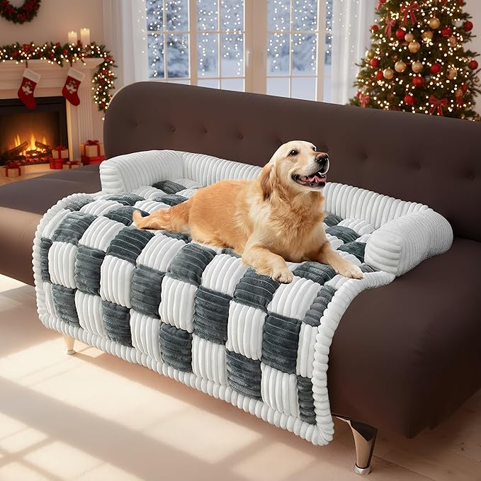 LiveGo Fuzzy Pet Couch Covers for Sofa, Dog Couch Cover Fuzzy Sofa Cover Cream Square Plaid Dog Bed Plush Dog Mat for Furniture Protector for Large Medium Dogs and Cats