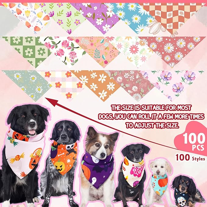 100 Pcs Spring Floral Dog Bandanas Bulk Pet Bibs Colorful Triangle Scarf Floral Pet Bandanas for Medium Large Dogs Spring Summer Birthday Costume Decoration