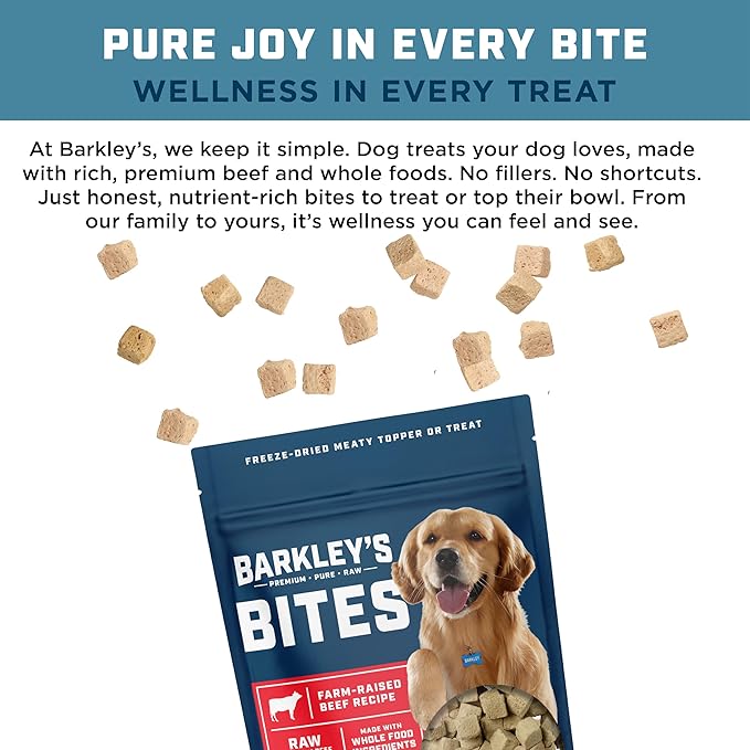 Barkley’s Bag Beef Bites, Freeze Dried Dog Treats & Food Topper, Made w/Beef, Barley, and Quinoa, Small Bite-Sized Pieces for Training Rewards, for All Dog Breeds, Ages & Sizes, 4 Oz Bag (3 Pack)