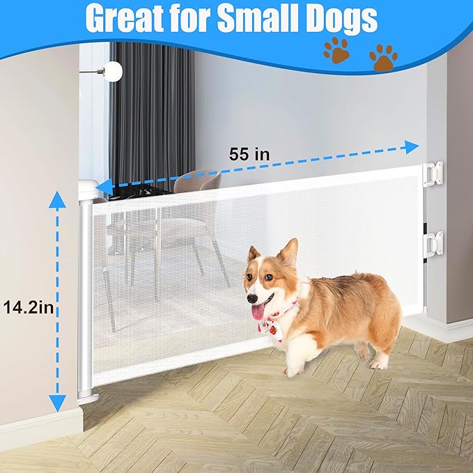14" H Short Dog Gate - Pet Gates Puppy Gate, Mesh Retractable Step Over Pet Fence, Expands Up to 59" Indoor/Outdoor, Small Dog Gates for Doorways & Stairs