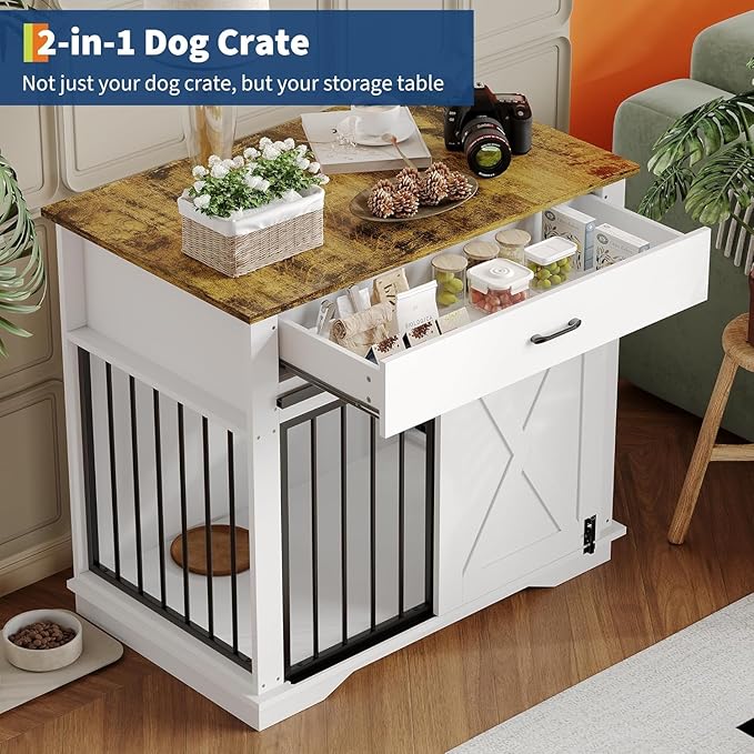 37 Inch Dog Crate Furniture with Double Doors, Modern Farmhouse Indoor Kennel for Small to Medium Dogs, Dual Drawer Storage Table, Media Console TV Stand and Sideboard
