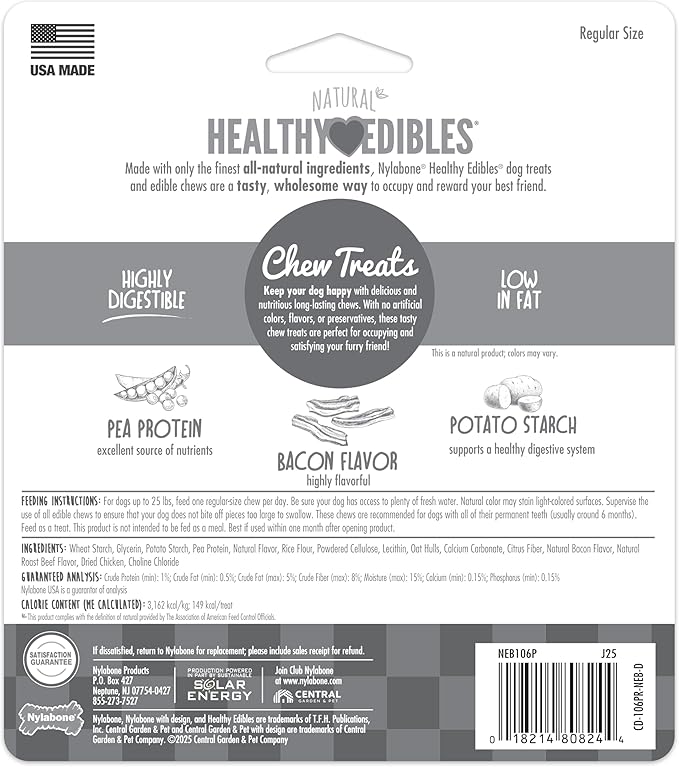 Nylabone Healthy Edibles Natural Dog Chews Long Lasting Bacon Flavor Treats for Dogs, Small/Regular (3 Count)