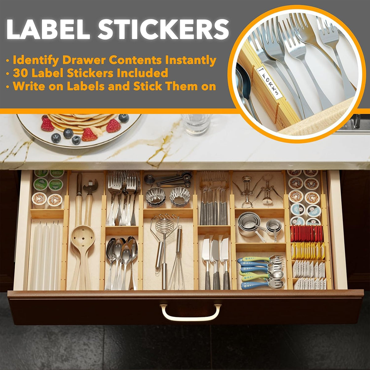 SpaceAid Bamboo Drawer Dividers with Inserts and Labels, Kitchen Adjustable Drawer Organizers, Expandable Organization for Home, Office, Dressers, 7 Dividers with 15 Inserts (17"-22" Natural)