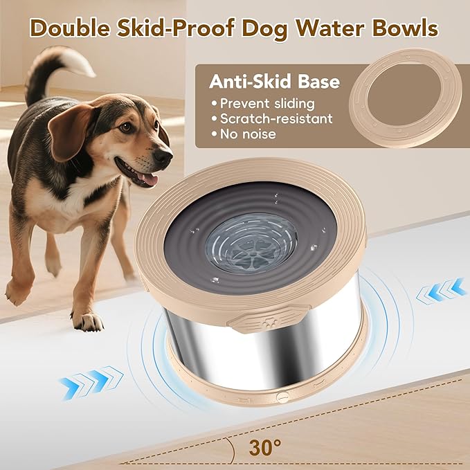 UPSKY Dog Water Bowl No Spill 8L Stainless Steel, 2.1 Gallon Large Capacity Spill-Proof Dog Bowls, Non-Slip Slow Drinking Anti-Splash Bowl for Large Messy Drinkers, No Mess Indoor/Outdoor Use, Beige